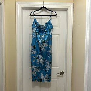 Satin Blue Floral Print Midi Cocktail Dress